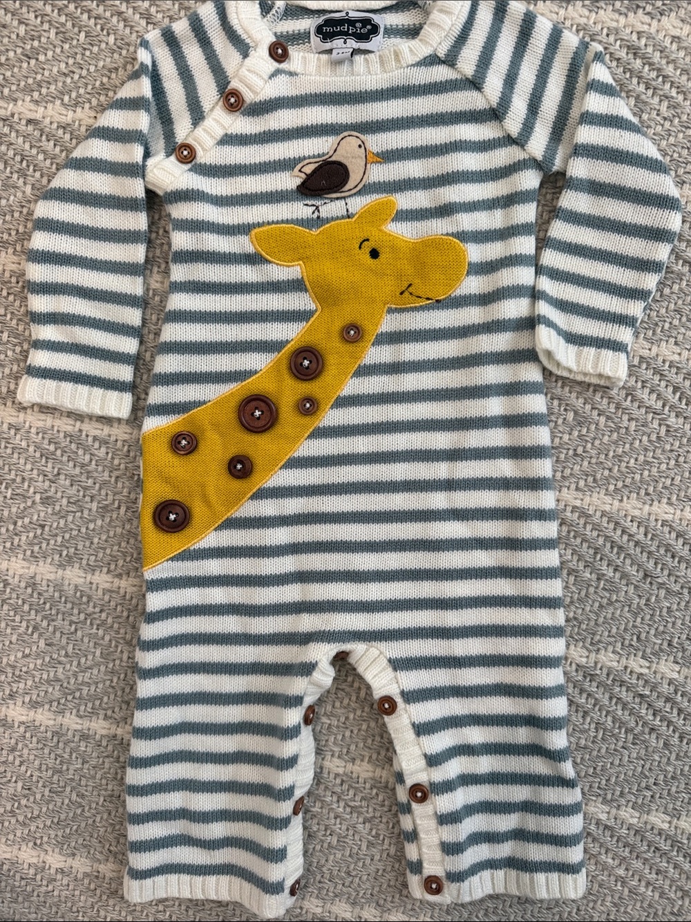 Mud Pie Cream and Teal Striped Knit One-Piece with Yellow Giraffe Applique